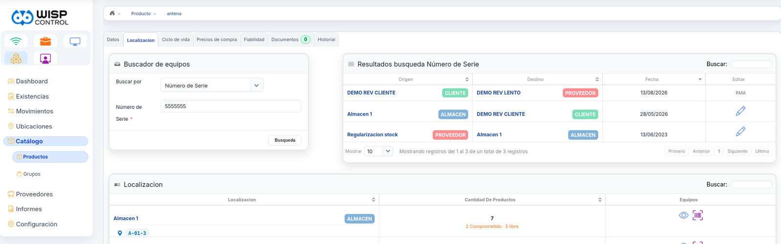 Product record: search by serial number showing the device's history, and stock by location with what is committed and what is free