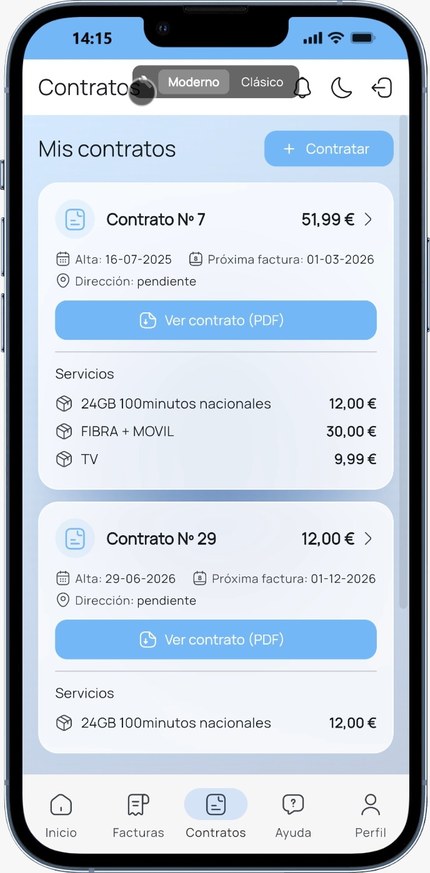 Customer app: contracts with fibre, mobile and TV