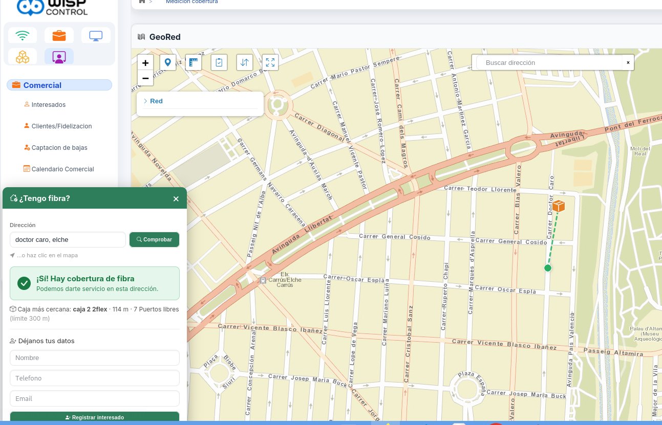 Coverage check on the map: type an address and it answers whether there is fibre, with the nearest box, the distance and the free ports