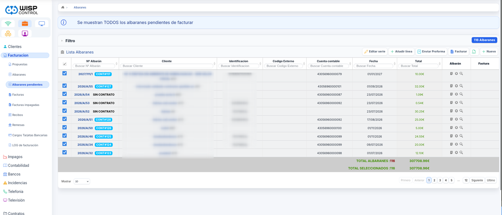List of delivery notes pending invoicing, with the running total and the invoice button