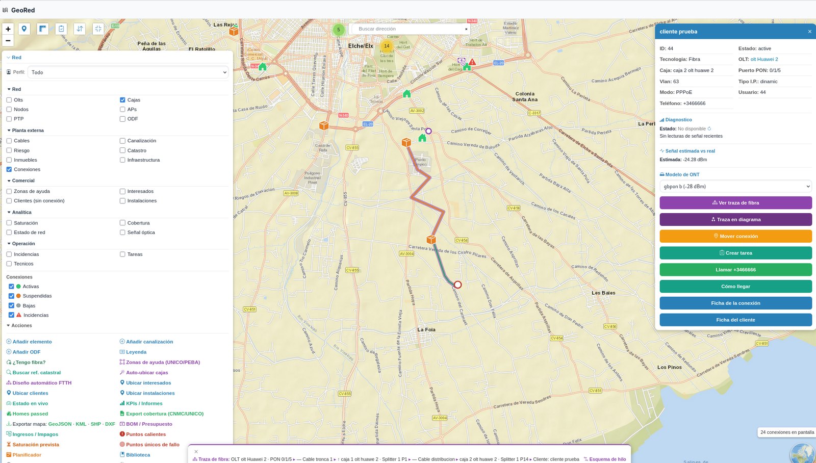 GeoRed: map with the fibre network traced along the street, the connection record and the path from the OLT to the customer