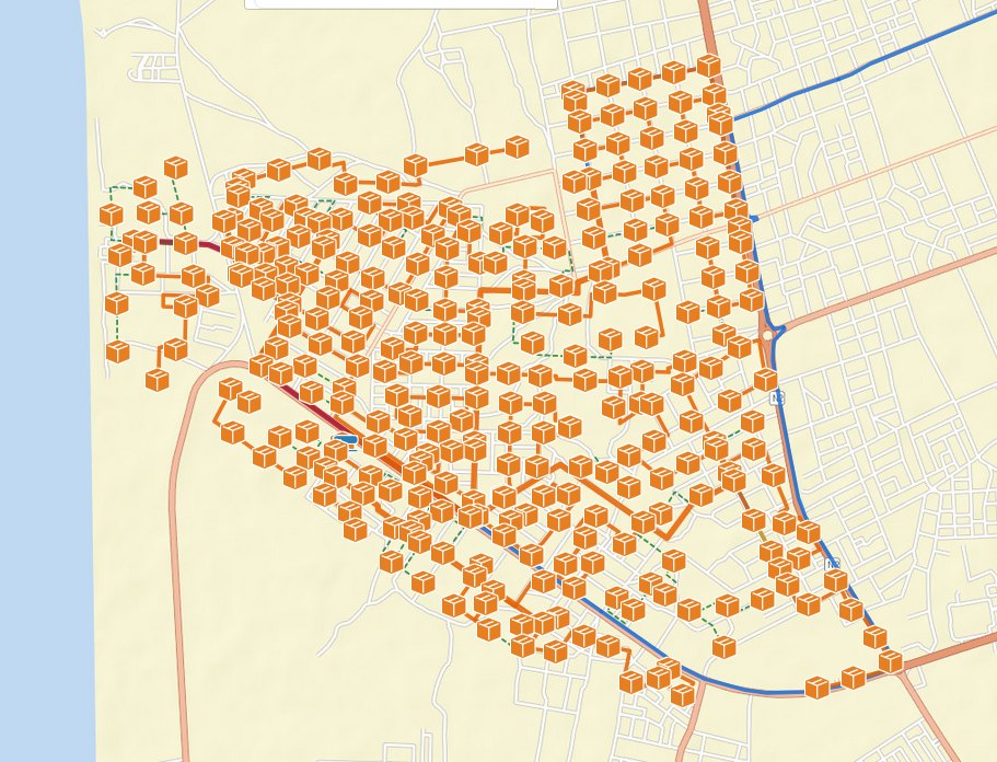 Hundreds of fibre distribution boxes on a town map, joined by the trunk cable