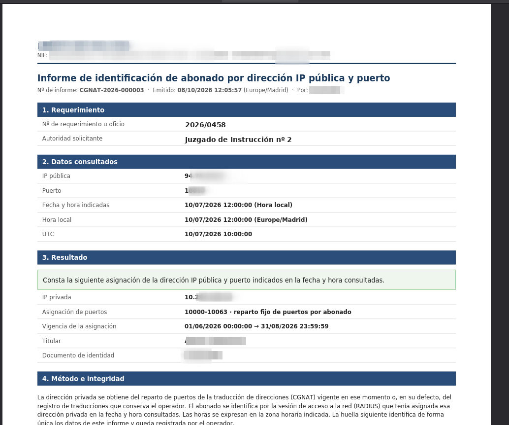 Rapport légal en PDF d'identification d'abonné par adresse IP publique et port, avec la réquisition, les données consultées en heure locale et UTC, le résultat et la méthode