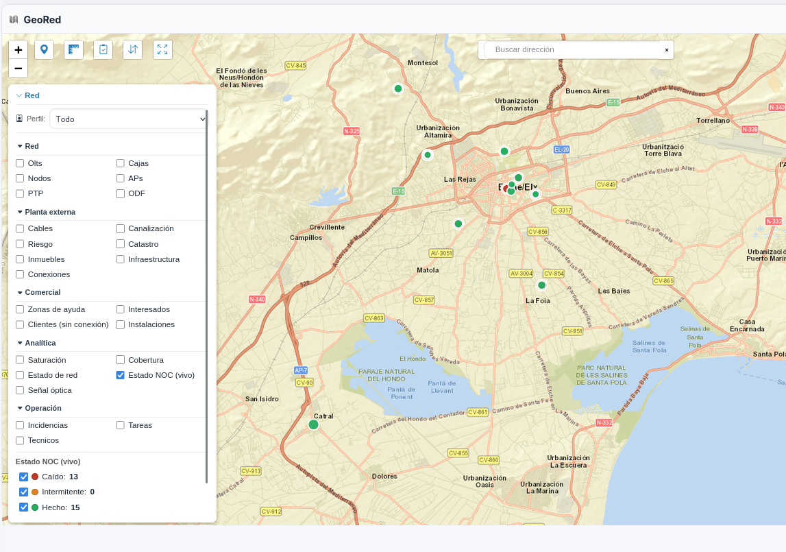 L'état du NOC sur le plan GeoRed : équipements tombés en rouge, instables en ambre et en service en vert, sur la plaque fibre