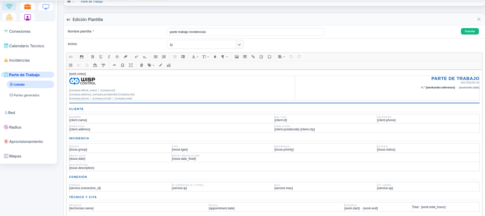 Editor for the work order template, with the dynamic fields in braces