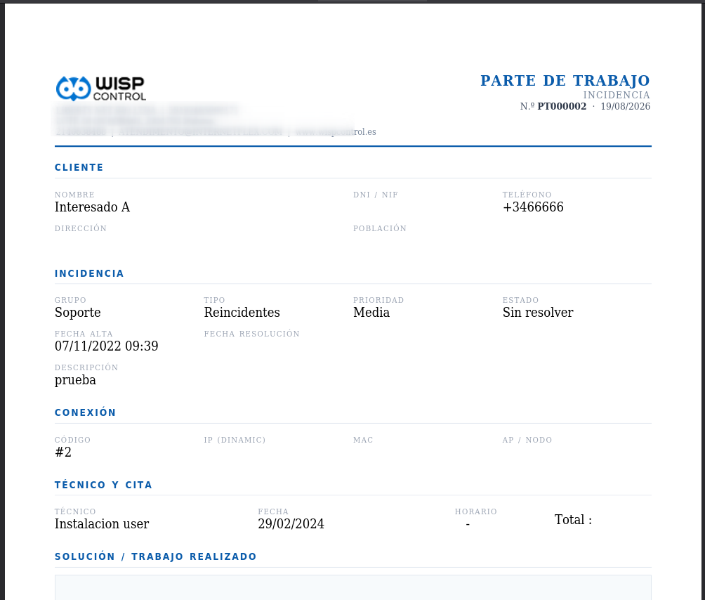 Work order as PDF: customer details, the ticket, the connection, the technician and the appointment, plus space for the fix