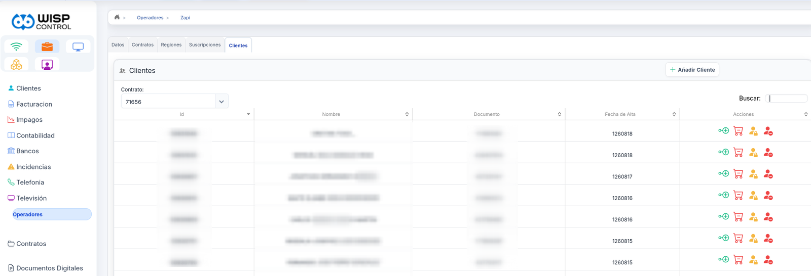 Pantalla de Zapi en WispControl: pestañas de datos, contratos, regiones, suscripciones y clientes, con el listado de clientes del contrato